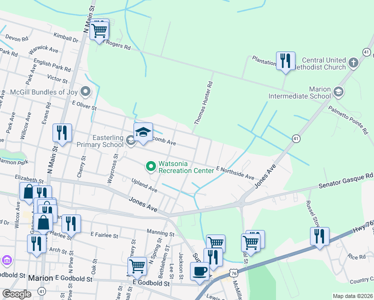 map of restaurants, bars, coffee shops, grocery stores, and more near 1013 Walnut Street in Marion