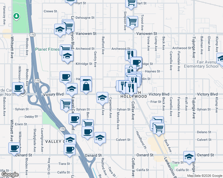 map of restaurants, bars, coffee shops, grocery stores, and more near 11834 Gilmore Street in Los Angeles