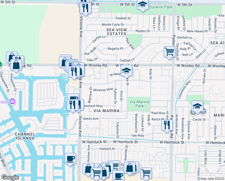 map of restaurants, bars, coffee shops, grocery stores, and more near 3510 Miramar Way in Oxnard