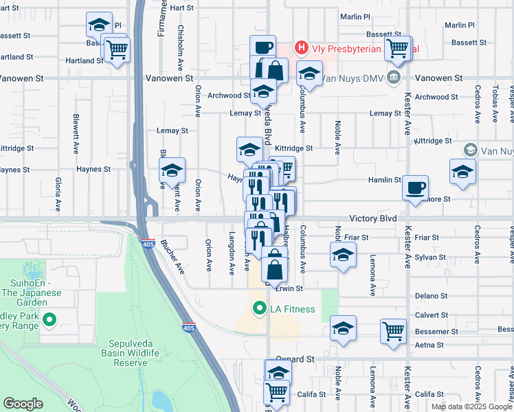 map of restaurants, bars, coffee shops, grocery stores, and more near 6445 Sepulveda Boulevard in Los Angeles