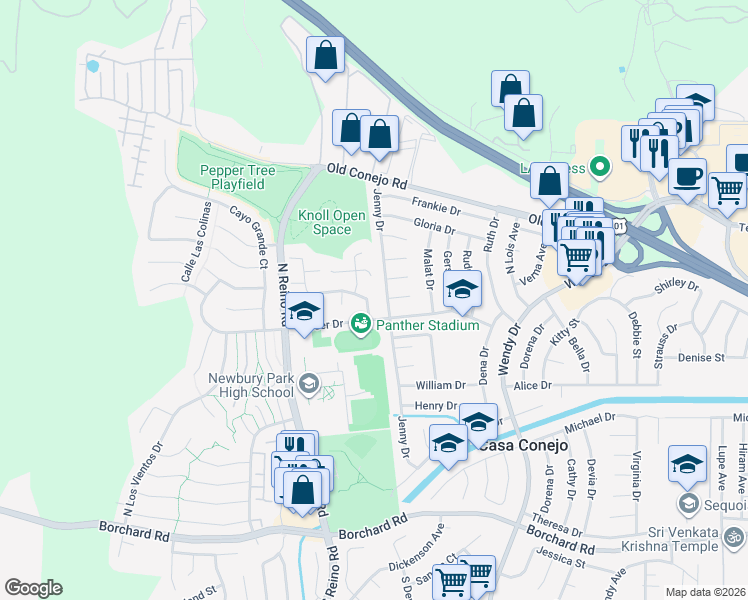map of restaurants, bars, coffee shops, grocery stores, and more near 3543 Spanish Gate Drive in Thousand Oaks