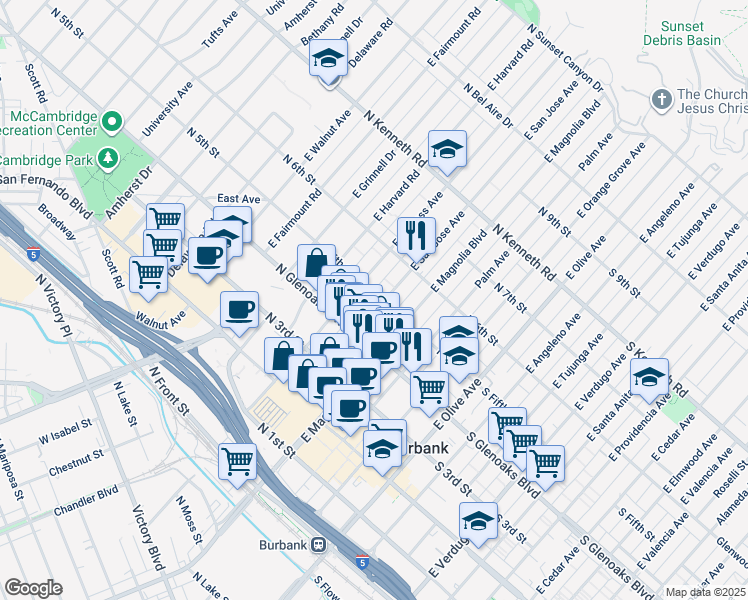 map of restaurants, bars, coffee shops, grocery stores, and more near 465 East San Jose Avenue in Burbank