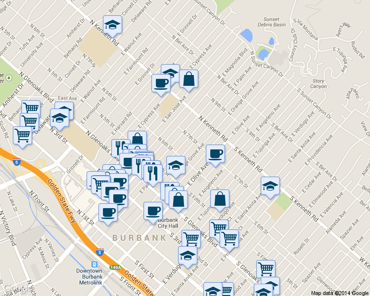 map of restaurants, bars, coffee shops, grocery stores, and more near 311 North 7th Street in Burbank