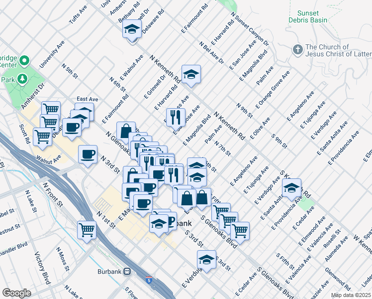 map of restaurants, bars, coffee shops, grocery stores, and more near 614 East Magnolia Boulevard in Burbank