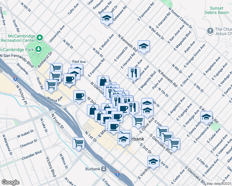 map of restaurants, bars, coffee shops, grocery stores, and more near 510 East Cypress Avenue in Burbank
