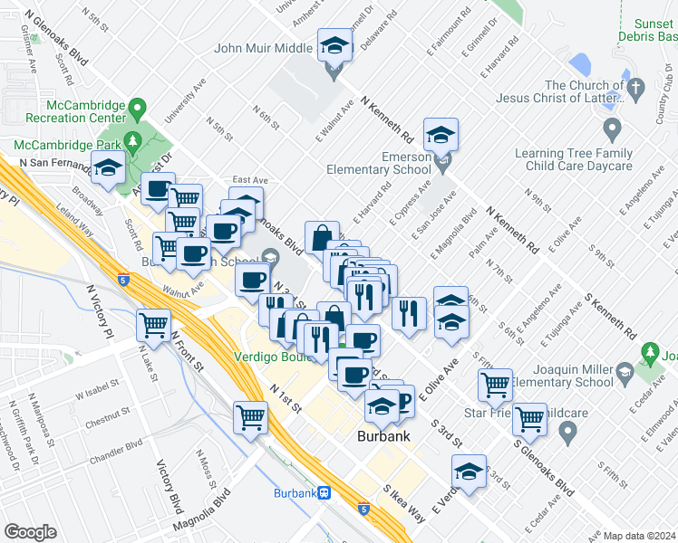 map of restaurants, bars, coffee shops, grocery stores, and more near 426 East Harvard Road in Burbank