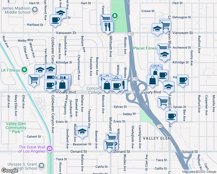 map of restaurants, bars, coffee shops, grocery stores, and more near 6441 Whitsett Avenue in Los Angeles