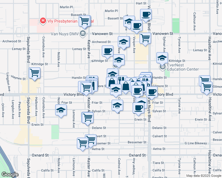 map of restaurants, bars, coffee shops, grocery stores, and more near 14805 Gilmore Street in Los Angeles