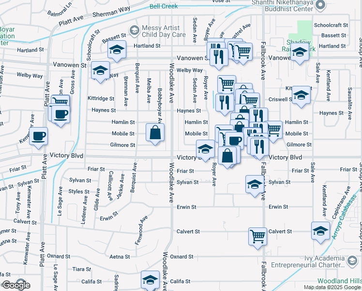 map of restaurants, bars, coffee shops, grocery stores, and more near 6455 Dannyboyar Avenue in Los Angeles