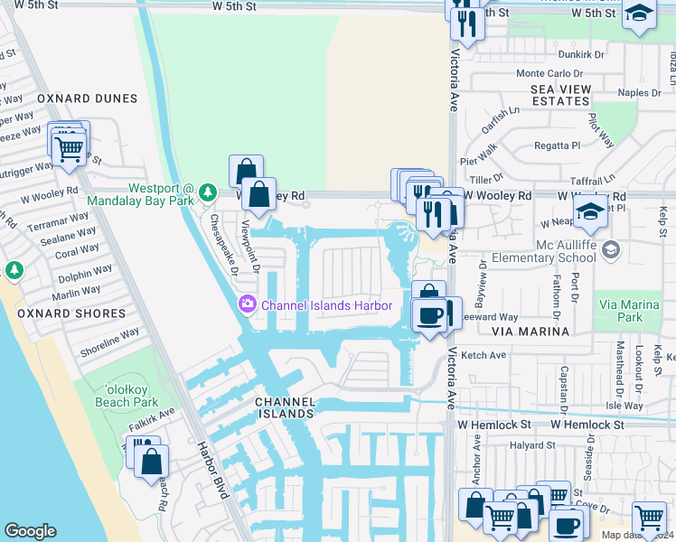 map of restaurants, bars, coffee shops, grocery stores, and more near 1313 Caspian Way in Oxnard