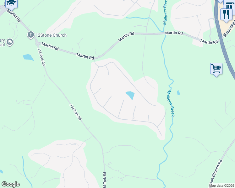 map of restaurants, bars, coffee shops, grocery stores, and more near 4672 Windswept Way in Flowery Branch