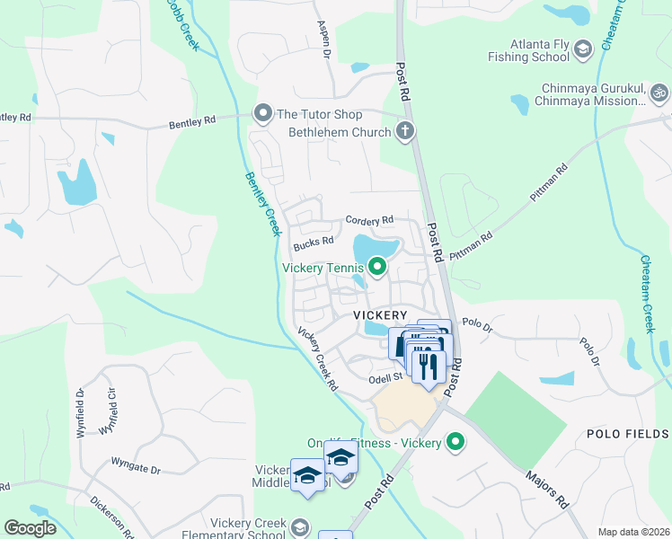 map of restaurants, bars, coffee shops, grocery stores, and more near 6820 Lullwater Road in Cumming