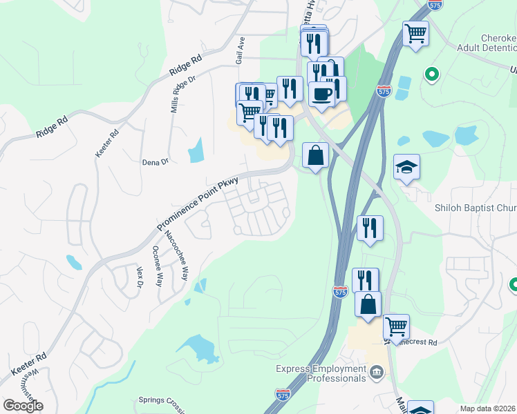 map of restaurants, bars, coffee shops, grocery stores, and more near 323 Azalea Loop in Canton