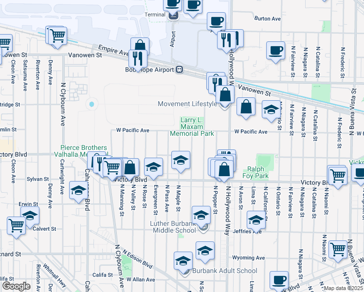map of restaurants, bars, coffee shops, grocery stores, and more near 2116 North Maple Street in Burbank