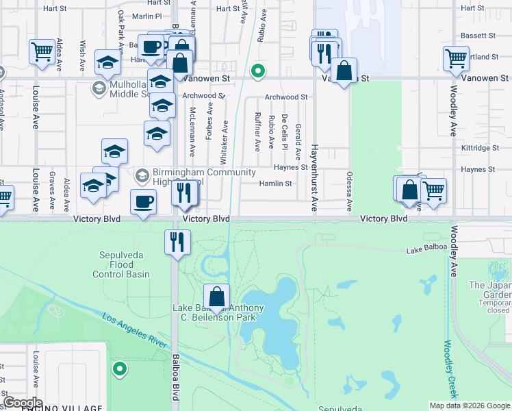 map of restaurants, bars, coffee shops, grocery stores, and more near 16620 Hamlin Street in Los Angeles
