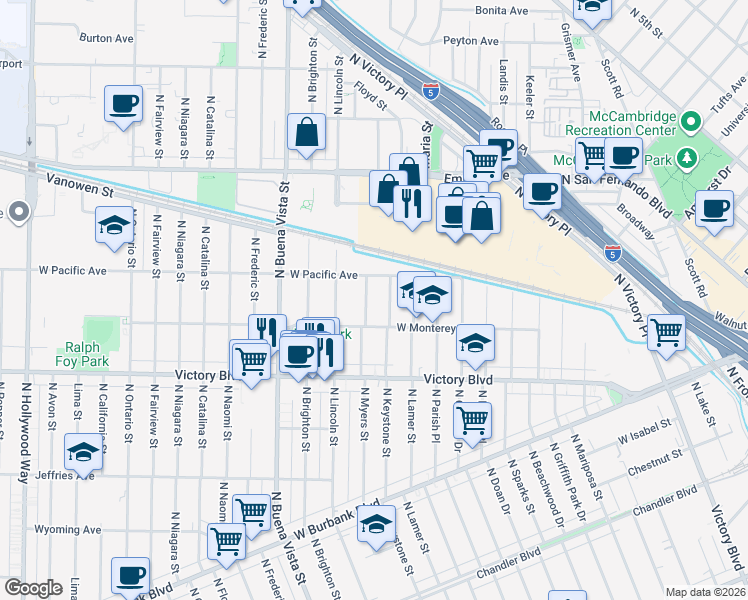 map of restaurants, bars, coffee shops, grocery stores, and more near 1526 North Myers Street in Burbank