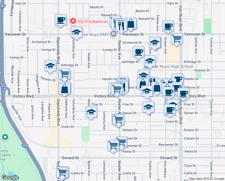 map of restaurants, bars, coffee shops, grocery stores, and more near 14926 Gilmore Street in Los Angeles