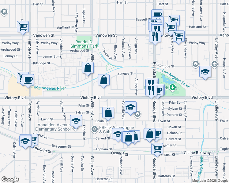 map of restaurants, bars, coffee shops, grocery stores, and more near 18732 Gilmore Street in Los Angeles