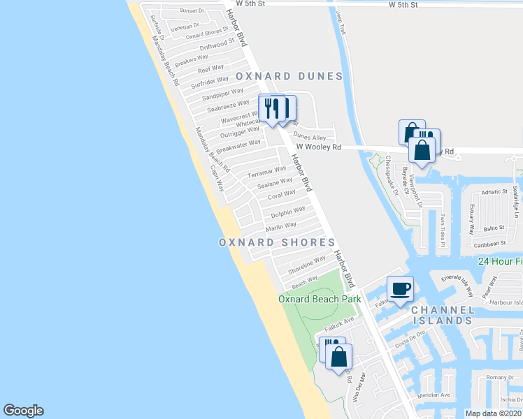 map of restaurants, bars, coffee shops, grocery stores, and more near 5098 Nautilus Street in Oxnard