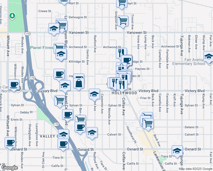 map of restaurants, bars, coffee shops, grocery stores, and more near in Los Angeles