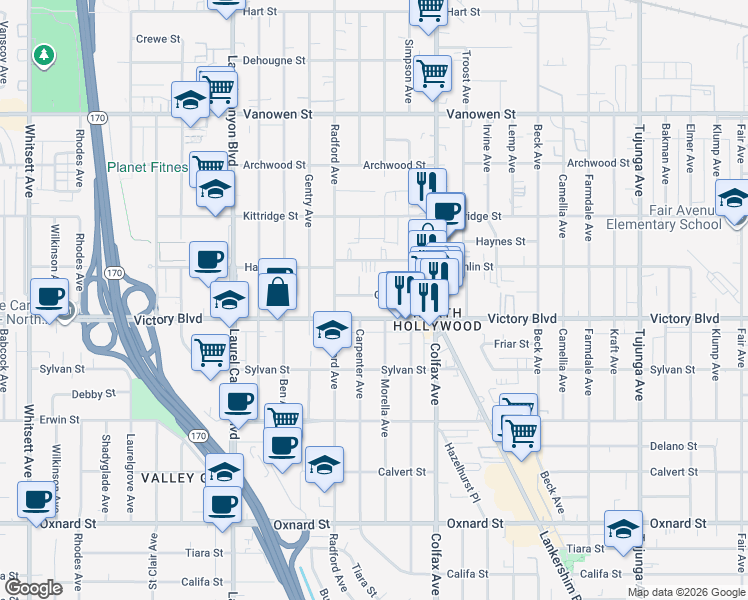 map of restaurants, bars, coffee shops, grocery stores, and more near 11816 Gilmore Street in Los Angeles