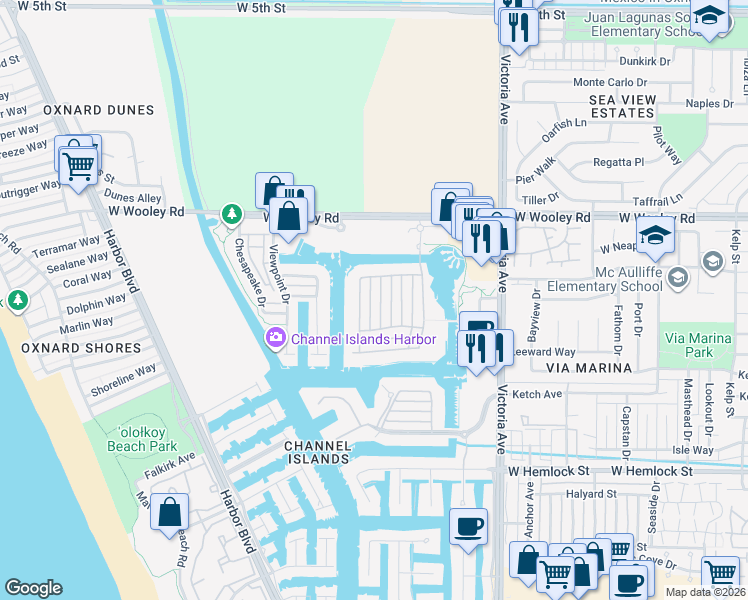 map of restaurants, bars, coffee shops, grocery stores, and more near 1313 Caspian Way in Oxnard