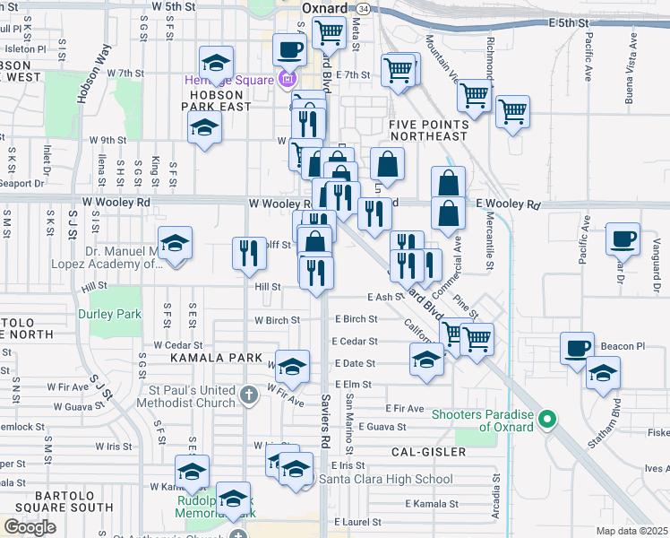 map of restaurants, bars, coffee shops, grocery stores, and more near 1222 Saviers Road in Oxnard