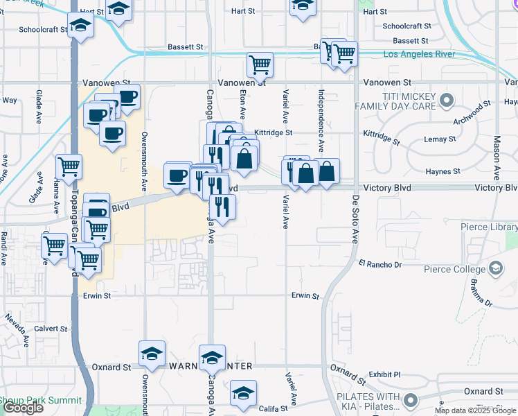 map of restaurants, bars, coffee shops, grocery stores, and more near 21200 Victory Boulevard in Los Angeles