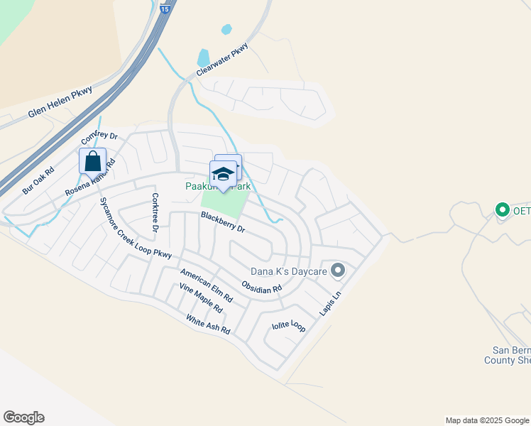 map of restaurants, bars, coffee shops, grocery stores, and more near 4055 Obsidian Road in San Bernardino