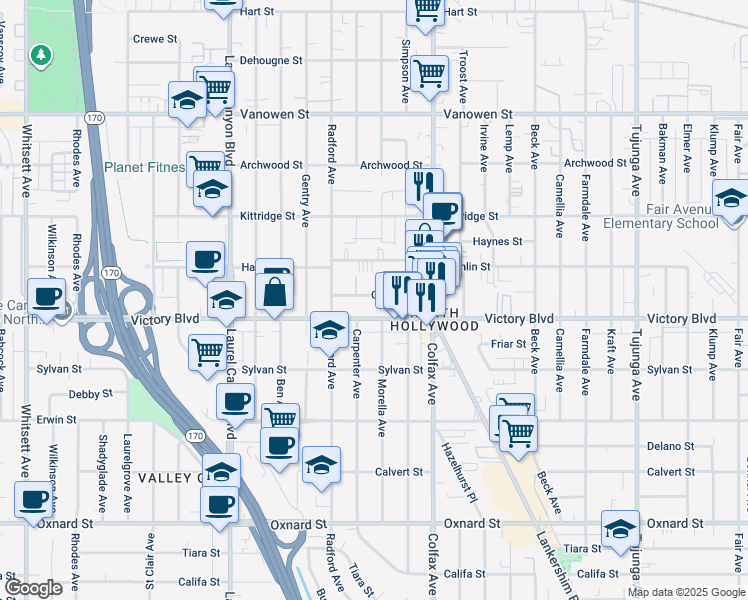 map of restaurants, bars, coffee shops, grocery stores, and more near 142431/2 Gilmore Street in Los Angeles
