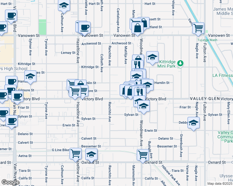 map of restaurants, bars, coffee shops, grocery stores, and more near 6443 Matilija Avenue in Los Angeles