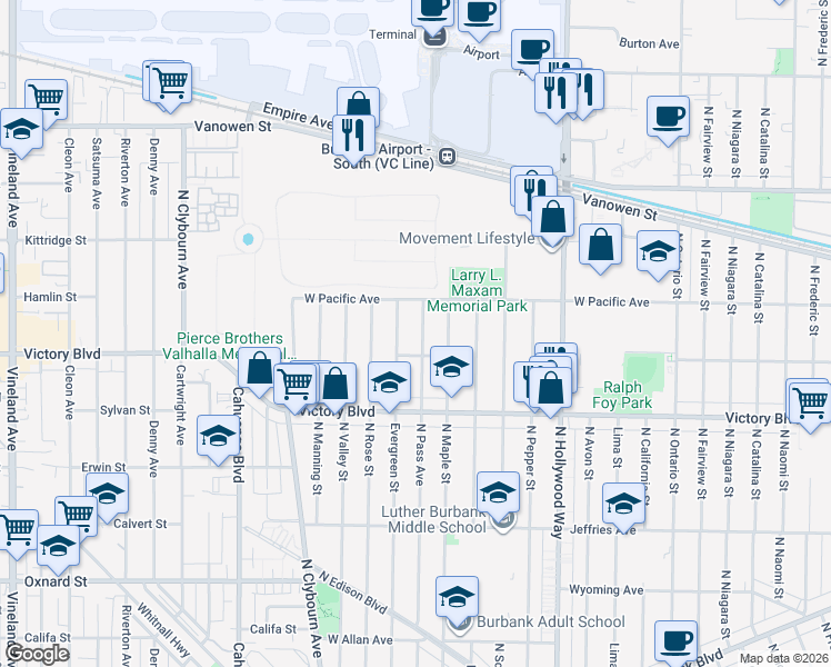 map of restaurants, bars, coffee shops, grocery stores, and more near in Burbank