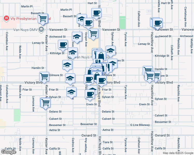 map of restaurants, bars, coffee shops, grocery stores, and more near 6463 Van Nuys Boulevard in Los Angeles
