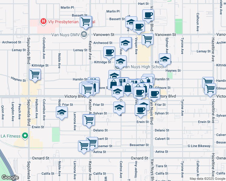 map of restaurants, bars, coffee shops, grocery stores, and more near 14734 Gilmore Street in Los Angeles
