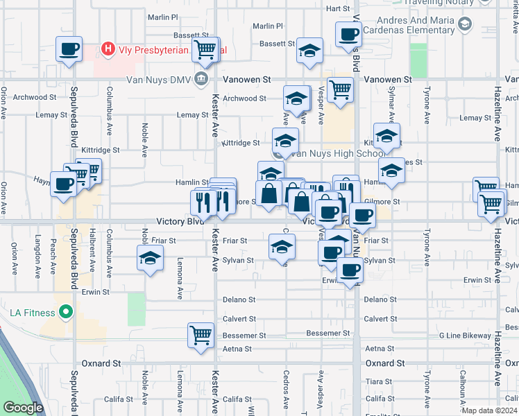 map of restaurants, bars, coffee shops, grocery stores, and more near 14746 Gilmore Street in Van Nuys