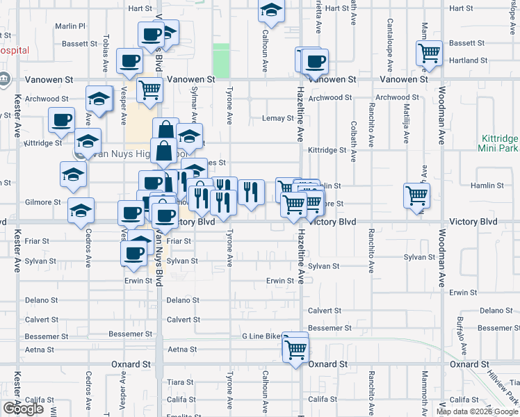 map of restaurants, bars, coffee shops, grocery stores, and more near 14206 Gilmore Street in Los Angeles