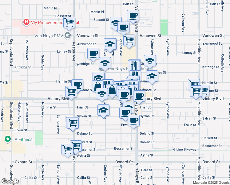 map of restaurants, bars, coffee shops, grocery stores, and more near 14629 Gilmore Street in Los Angeles
