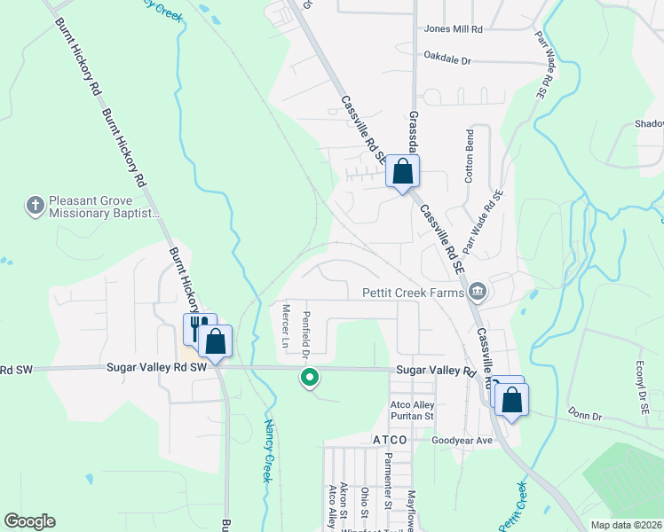 map of restaurants, bars, coffee shops, grocery stores, and more near 26 Miles Drive in Cartersville