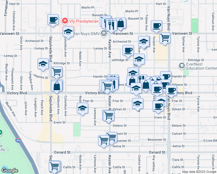 map of restaurants, bars, coffee shops, grocery stores, and more near 14902 Gilmore Street in Los Angeles