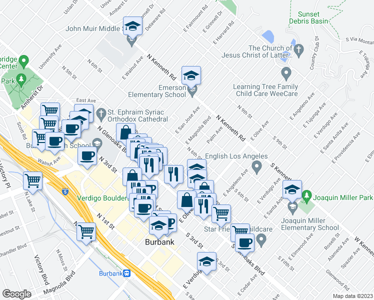 map of restaurants, bars, coffee shops, grocery stores, and more near 333 North 6th Street in Burbank