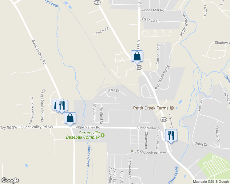 map of restaurants, bars, coffee shops, grocery stores, and more near 29 Miles Drive in Cartersville