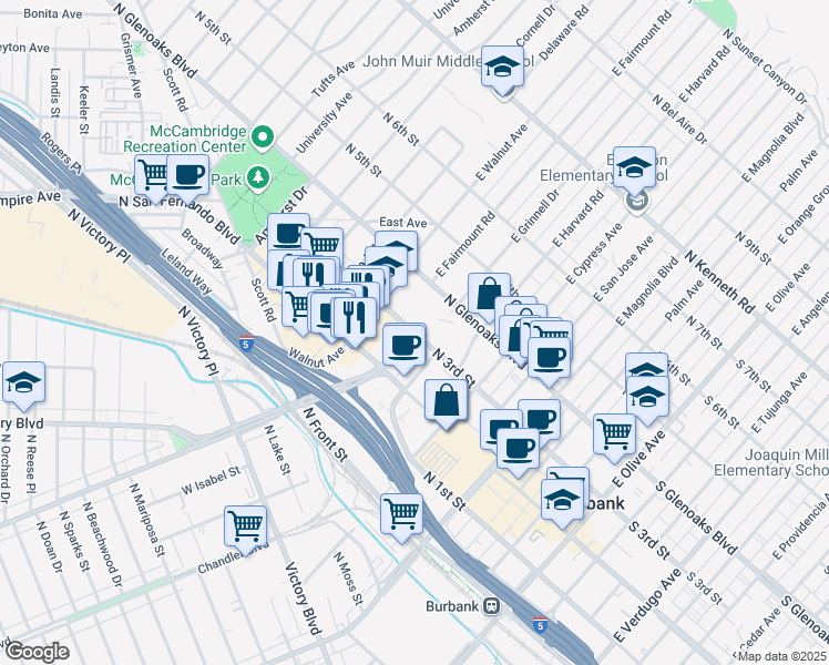 map of restaurants, bars, coffee shops, grocery stores, and more near N 3rd St & E Burbank Blvd in Burbank