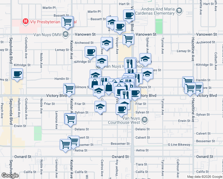 map of restaurants, bars, coffee shops, grocery stores, and more near 14622 Gilmore Street in Los Angeles
