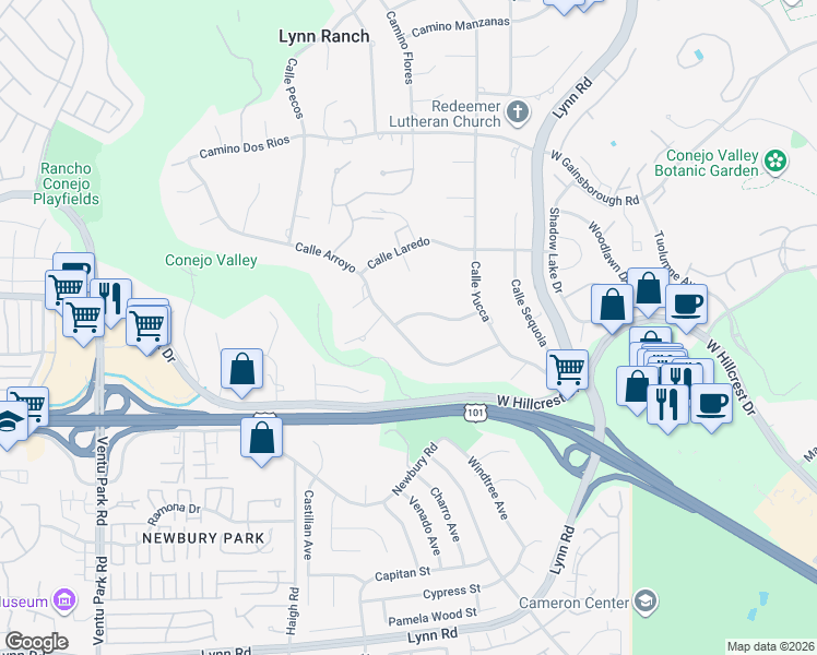 map of restaurants, bars, coffee shops, grocery stores, and more near 578 Calle Arroyo in Thousand Oaks