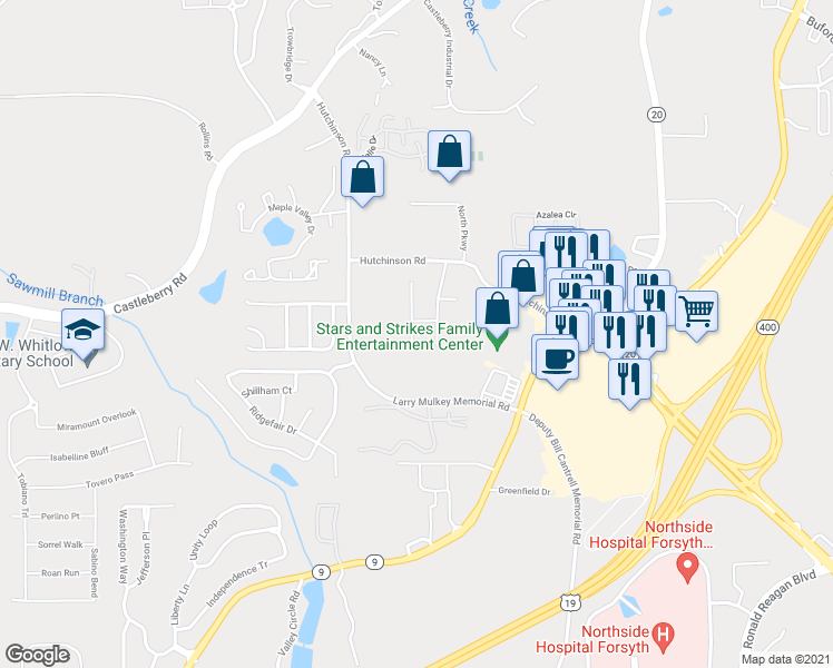 map of restaurants, bars, coffee shops, grocery stores, and more near 3716 Verde Glen Lane in Cumming