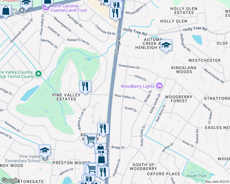 map of restaurants, bars, coffee shops, grocery stores, and more near 801 Pine Valley Drive in Wilmington