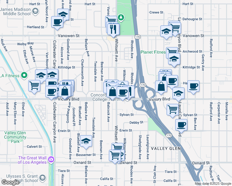 map of restaurants, bars, coffee shops, grocery stores, and more near 4041 North Whitsett Avenue in Los Angeles