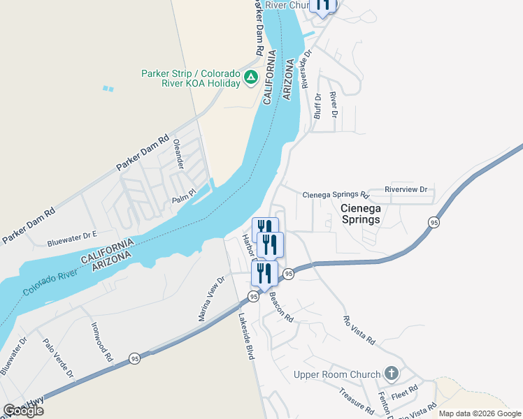 map of restaurants, bars, coffee shops, grocery stores, and more near 9958 Riverside Drive in Parker