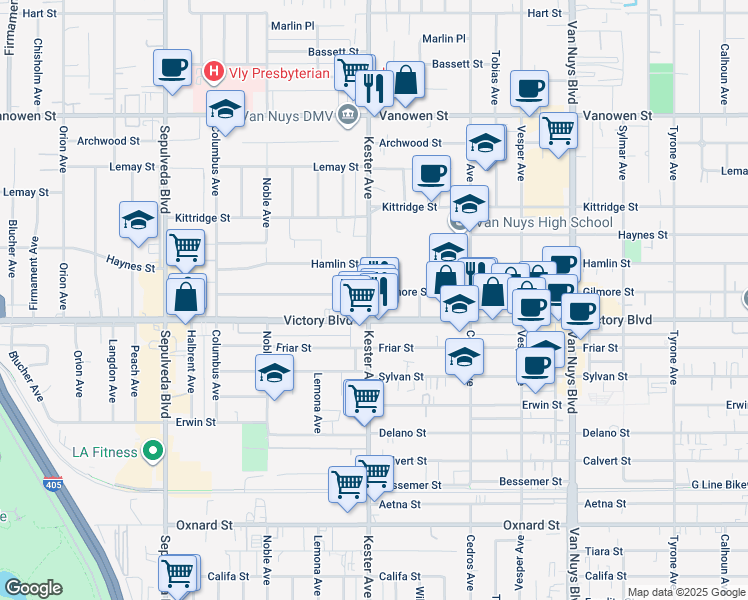map of restaurants, bars, coffee shops, grocery stores, and more near 14858 Gilmore Street in Los Angeles