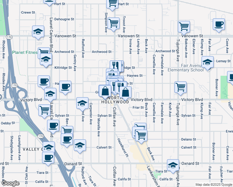 map of restaurants, bars, coffee shops, grocery stores, and more near in Los Angeles